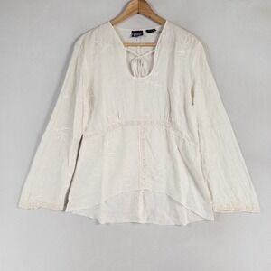 Crossing Pointe Top Blouse Sz Medium White Embroidered Lace Flowy Boho Coastal